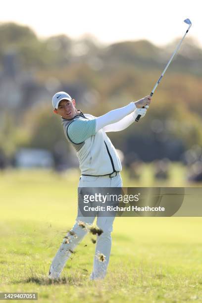 Rory McIlroy of Northern Ireland plays into the 2nd green on Day Three of the Alfred Dunhill Links Championship at the Old Course St. Andrews on...