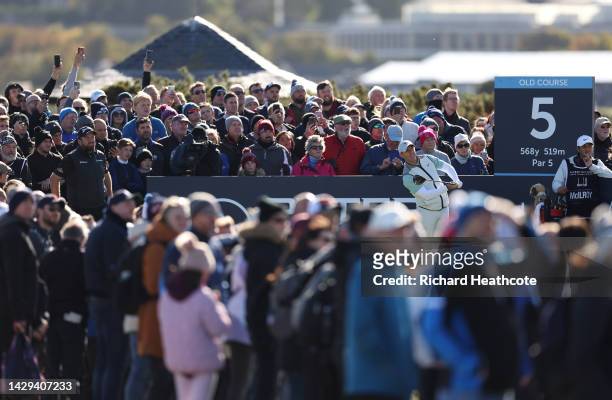 Rory McIlroy of Northern Ireland tee's off at the 5th on Day Three of the Alfred Dunhill Links Championship at the Old Course St. Andrews on October...