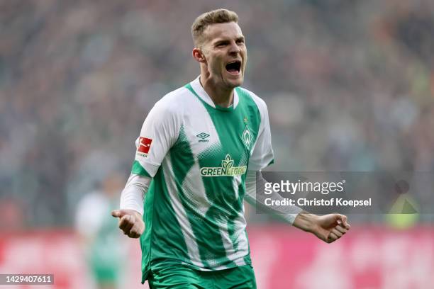 Marvin Ducksch of Werder Bremen celebrates after scoring their team's second goal during the Bundesliga match between SV Werder Bremen and Borussia...