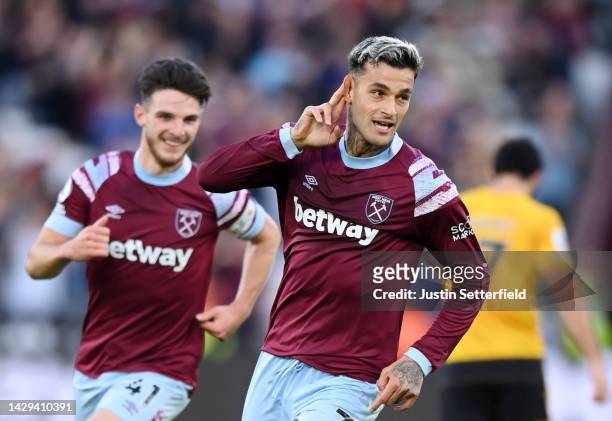 Gianluca Scamacca of West Ham United celebrates after scoring their sides first goal during the Premier League match between West Ham United and...