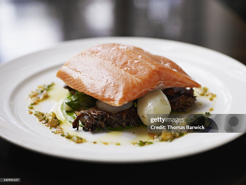 Steelhead, with sunchokes and maitake mushrooms