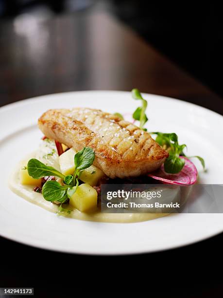 pacific cod, fennel, potatoes, proscuitto, mussels - fish meal stock pictures, royalty-free photos & images