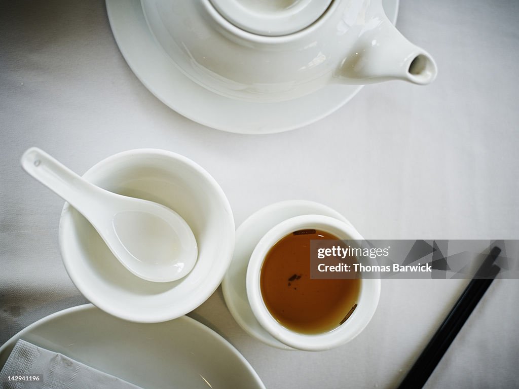 Chinese tea on table next to empty soup cup