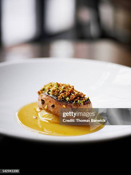 seared foie gras with compressed apple - foie gras stock pictures, royalty-free photos & images