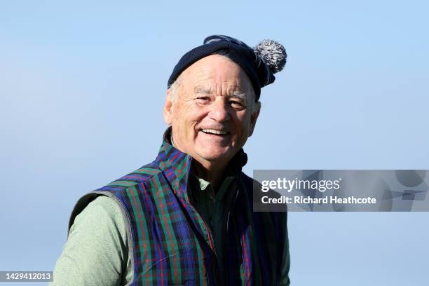 Actor Bill Murray smiles on the 17th green on Day Three of the Alfred Dunhill Links Championship at the Old Course St. Andrews on October 01, 2022 in...