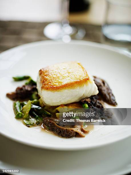 seared halibut fillet with asparagus and morels - morel mushroom stock pictures, royalty-free photos & images