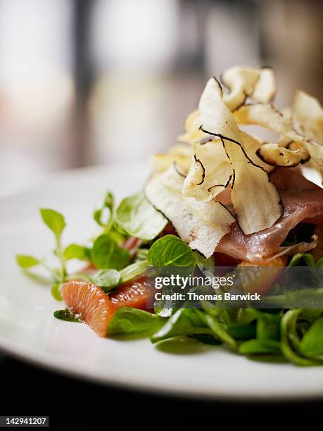 winter citrus salad topped with salsify chips - salsify stock-fotos und bilder