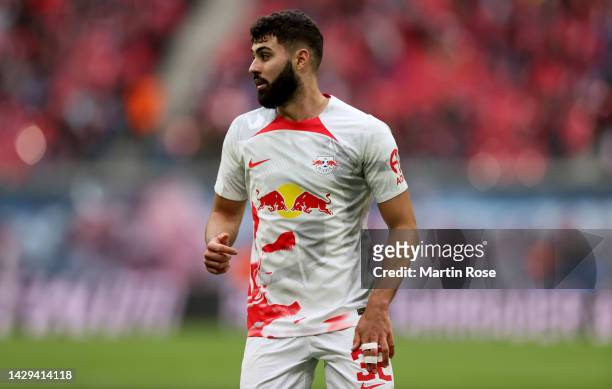 Joško Gvardiol of Leipzig looks on during the Bundesliga match between RB Leipzig and VfL Bochum 1848 at Red Bull Arena on October 01, 2022 in...