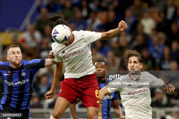 Chris Smalling of AS Roma scores their team's second goal during the Serie A match between FC Internazionale and AS Roma at Stadio Giuseppe Meazza on...