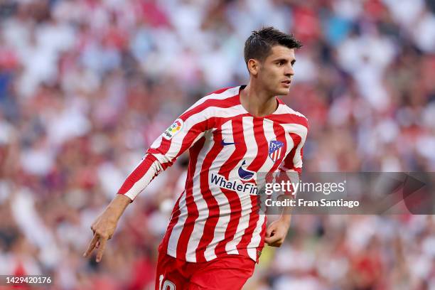 Alvaro Morata of Atletico de Madrid celebrates after scoring their team's second goal during the LaLiga Santander match between Sevilla FC and...