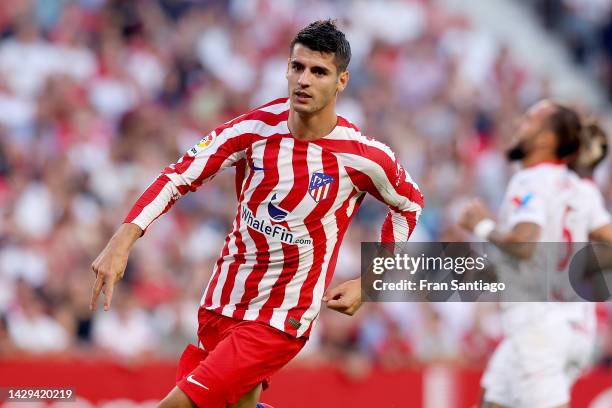 Alvaro Morata of Atletico de Madrid celebrates after scoring their team's second goal during the LaLiga Santander match between Sevilla FC and...