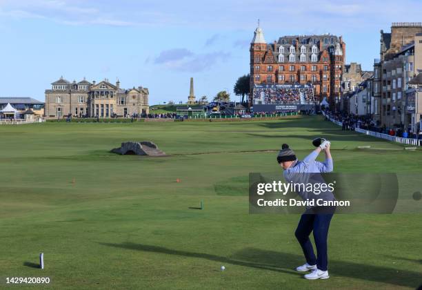 Robert MacIntyre of Scotland plays his tee shot on the 18th hole on Day Three of the Alfred Dunhill Links Championship on the Old Course at St...