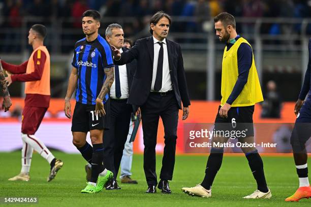 Head coach of FC Internazionale Simone Inzaghi reacts during the Serie A match between FC Internazionale and AS Roma at Stadio Giuseppe Meazza on...