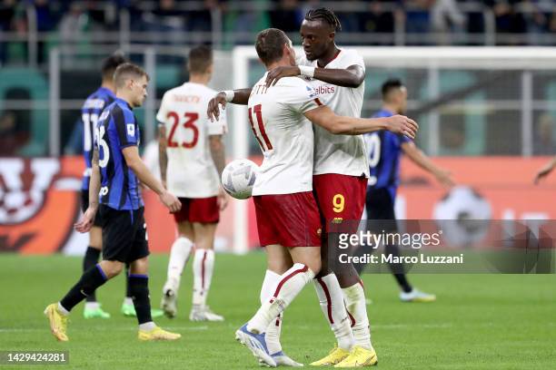 Tammy Abraham and Andrea Belotti of AS Roma celebrate following their side's victory in the Serie A match between FC Internazionale and AS Roma at...