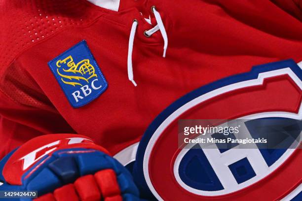 Detailed view of the Royal Bank of Canada patch on a Montreal Canadiens jersey during warm-ups prior to the game against the Winnipeg Jets at Centre...