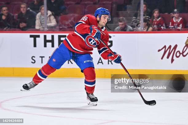 Danick Martel of the Montreal Canadiens shoots the puck during the warm-ups prior to the game against the Winnipeg Jets at Centre Bell on September...