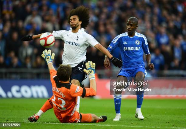 Ramires of Chelsea beats Carlo Cudicini and Benoit Assou-Ekotto of Tottenham Hotspur to scores their third goal during the FA Cup with Budweiser Semi...