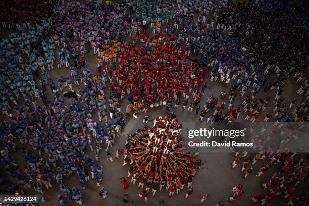 Members of the colla 'Jove de Barcelona' build a human tower during the 28th Tarragona Competition on October 1, 2022 in Tarragona, Spain. The...