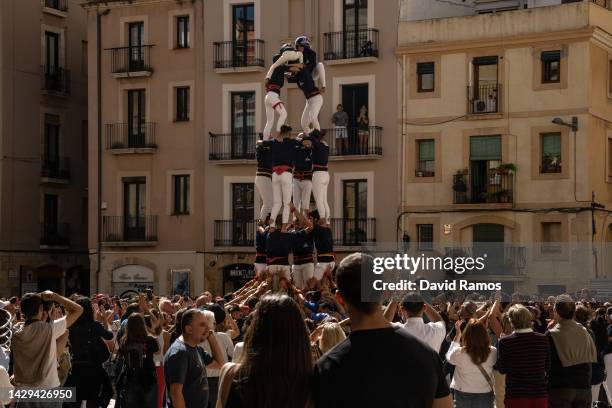 Members of the colla of 'Xiquets of Copenhagen' build a human tower during and event of International colles ahead of the 28th Tarragona Competition...