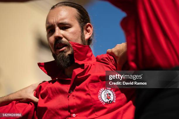 Members of the colla of 'Castellers of London' takes part of a human tower during and event of International colles ahead of the 28th Tarragona...