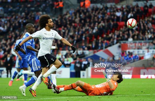 Ramires of Chelsea score's his side's third goal over Carlo Cudicini of Tottenham Hotspur during the FA Cup with Budweiser Semi Final match between...