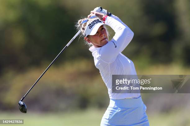Jessica Korda plays her shot on the eighth tee during the third round of The Ascendant LPGA benefiting Volunteers of America at Old American Golf...