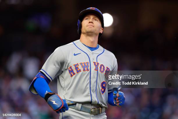 Brandon Nimmo of the New York Mets reacts as a ball goes foul during the first inning against the Atlanta Braves at Truist Park on September 30, 2022...