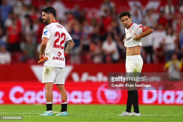 Jesus Navas and Isco of Sevilla FC looks dejected following their sides defeat in the LaLiga Santander match between Sevilla FC and Atletico de...