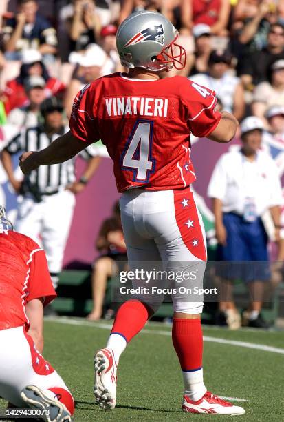 Adam Vinatieri of the AFC kicks a field goal against the NFC in the NFL Pro Bowl Game on February 13, 2005 at Aloha Stadium in Honolulu, Hawaii. The...