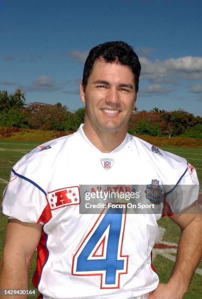 Adam Vinatieri of the AFC poses for this photo during practice prior to playing the NFC in the NFL Pro Bowl Game scheduled for February 3, 2003 at...