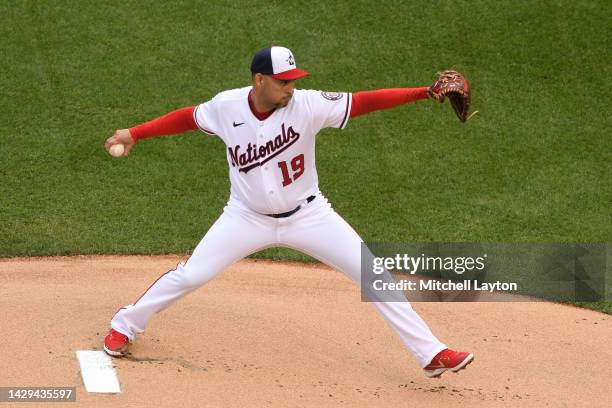 Anibal Sanchez of the Washington Nationals pitches in the first inning during game one of a doubleheader baseball game against the Philadelphia...