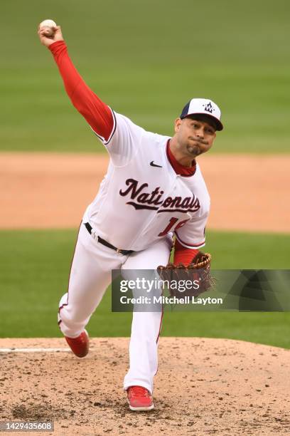 Anibal Sanchez of the Washington Nationals pitches in the fourth inning during game one of a doubleheader baseball game against the Philadelphia...