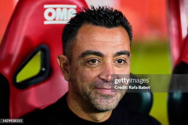 Xavi Hernandez, head coach of FC Barcelona looks on prior to the LaLiga Santander match between RCD Mallorca and FC Barcelona at Estadi de Son Moix...