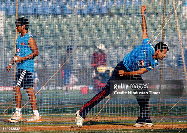 Delhi Daredevils player Irfan Pathan in nets during the practice section at Wankhede Stadium on April 15, 2012 in Mumbai, India. The Mumbai Indians...