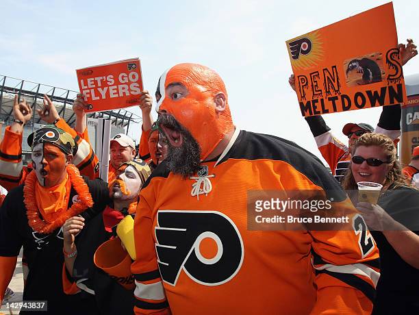 Philadelphia Flyers fans party outside the arena prior to playing the Pittsburgh Penguins in Game Three of the Eastern Conference Quarterfinals...