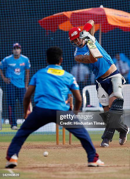 Delhi Daredevils player Kevin Pietersen doing batting drills in nets during the practice section at Wankhede Stadium on April 15, 2012 in Mumbai,...