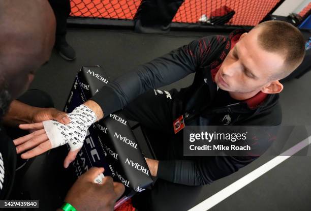 Krzysztof Jotko of Poland has his hands wrapped prior to his fight during the UFC Fight Night event at UFC APEX on October 01, 2022 in Las Vegas,...