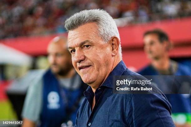 Javier Aguirre head coach of RCD Mallorca looks on prior to the LaLiga Santander match between RCD Mallorca and FC Barcelona at Estadi de Son Moix on...