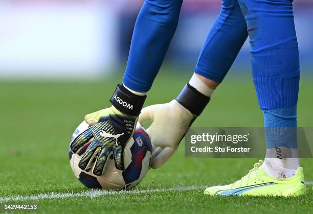 Woody is written on the cuff of the goalkeeping glove of Preston goalkeeper Freddie Woodman during the Sky Bet Championship between Sunderland and...
