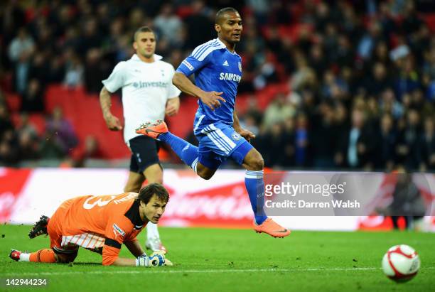 Florent Malouda of Chelsea scores their fifth goal past Carlo Cudicini of Tottenham Hotspur during the FA Cup with Budweiser Semi Final match between...