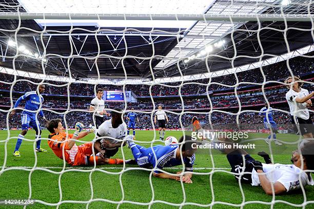 Goalmouth scramble involving Carlo Cudicini of Tottenham Hotspur, Ledley King of Tottenham Hotspur, John Terry of Chelsea and Benoit Assou-Ekotto of...