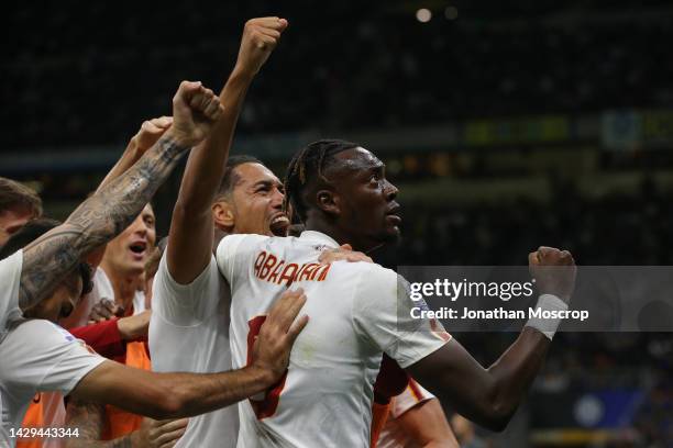 Chris Smalling of AS Roma celebrates with team mate Tammy Abraham after scoring to give the side a 2-1 lead during the Serie A match between FC...