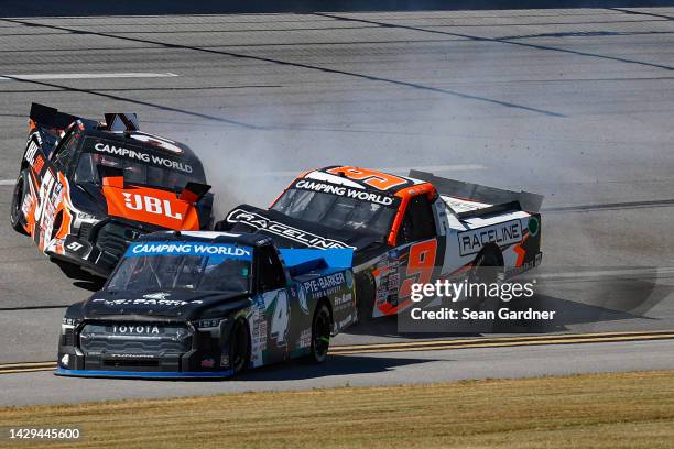 Blaine Perkins, driver of the RACELINE Chevrolet, and Corey Heim, driver of the JBL Toyota, spin into John Hunter Nemechek, driver of the Pye-Barker...