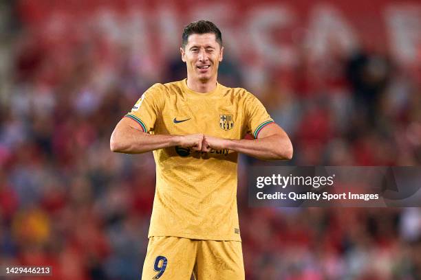 Robert Levandowski of Barcelona celebrates after scoring his first team goal during the LaLiga Santander match between RCD Mallorca and FC Barcelona...