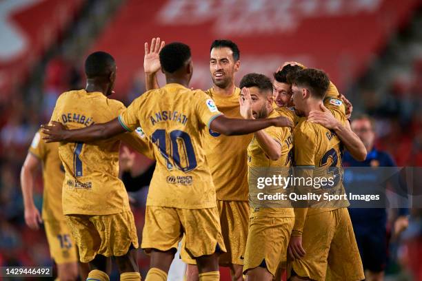 Robert Levandowski of Barcelona celebrates after scoring his first team goal during the LaLiga Santander match between RCD Mallorca and FC Barcelona...