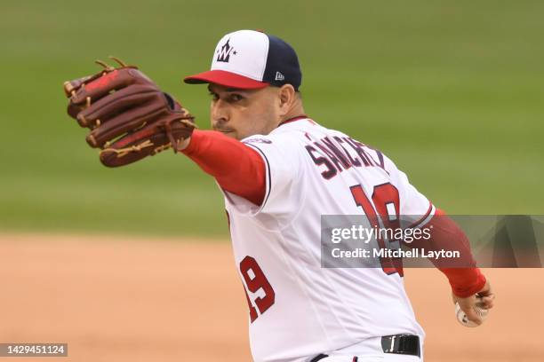 Anibal Sanchez of the Washington Nationals pitches in the fourth inning during game one of a doubleheader baseball game against the Philadelphia...