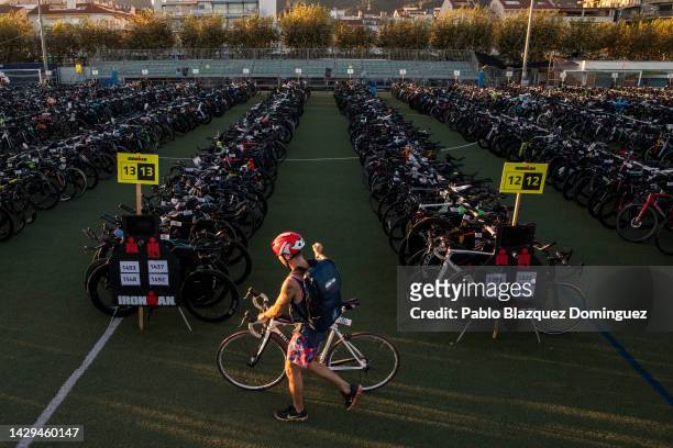 An athlete checks-in his bike a day ahead of IRONMAN Barcelona on October 01, 2022 in Calella, near Barcelona, Spain.