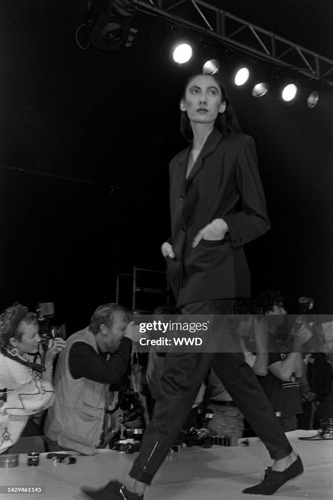 Katherine Hamnett Spring 1985 ready to wear runway show. Model Anh