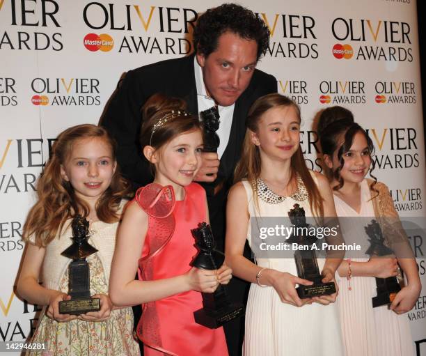 Bertie Carvel, Sophia Kiely, Eleanor Worthington Cox, Kerry Ingram and Cleo Demetriou, winners of Best Musical for "Matilda the Musical", pose in the...