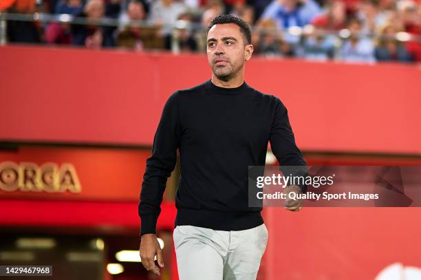 Xavi Hernandez, head coach of Barcelona looks on prior to the LaLiga Santander match between RCD Mallorca and FC Barcelona at Estadi de Son Moix on...